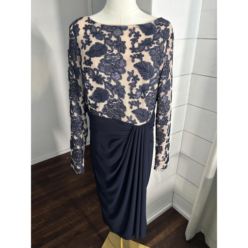 Lauren Ralph Lauren Dress Womens 12 Blue Lace Sequin Ruched Sheath Midi Formal